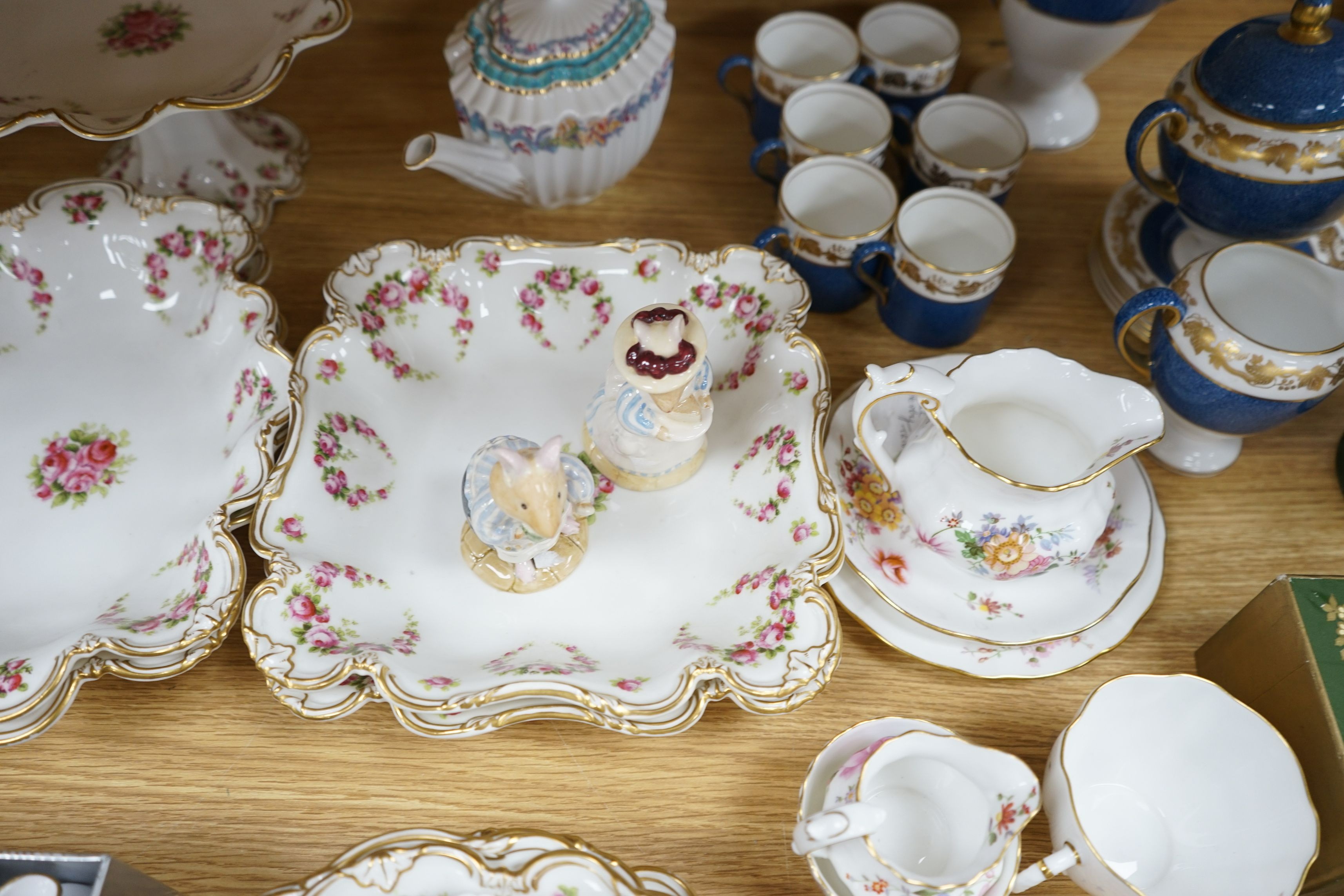 A George Jones dessert set, Royal Crown Derby teaware, mixed miniature ceramics and a coffee set